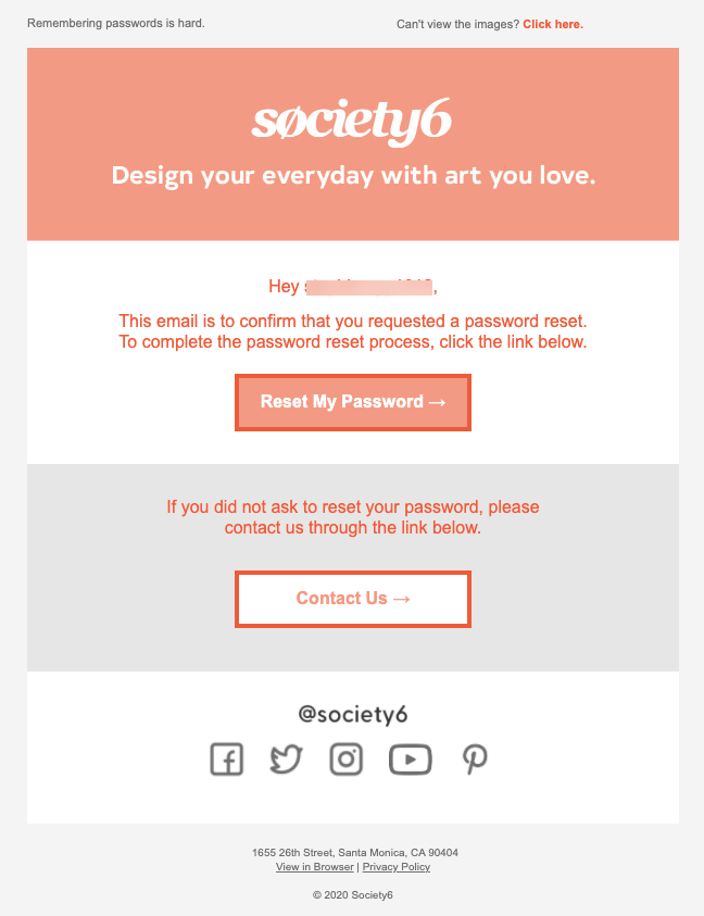 A screenshot of Society6's password reset email.