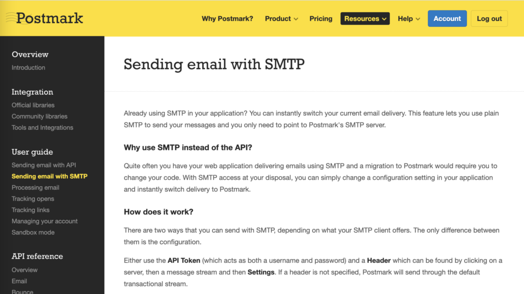 Postmarks Developer documentation for SMTP sending