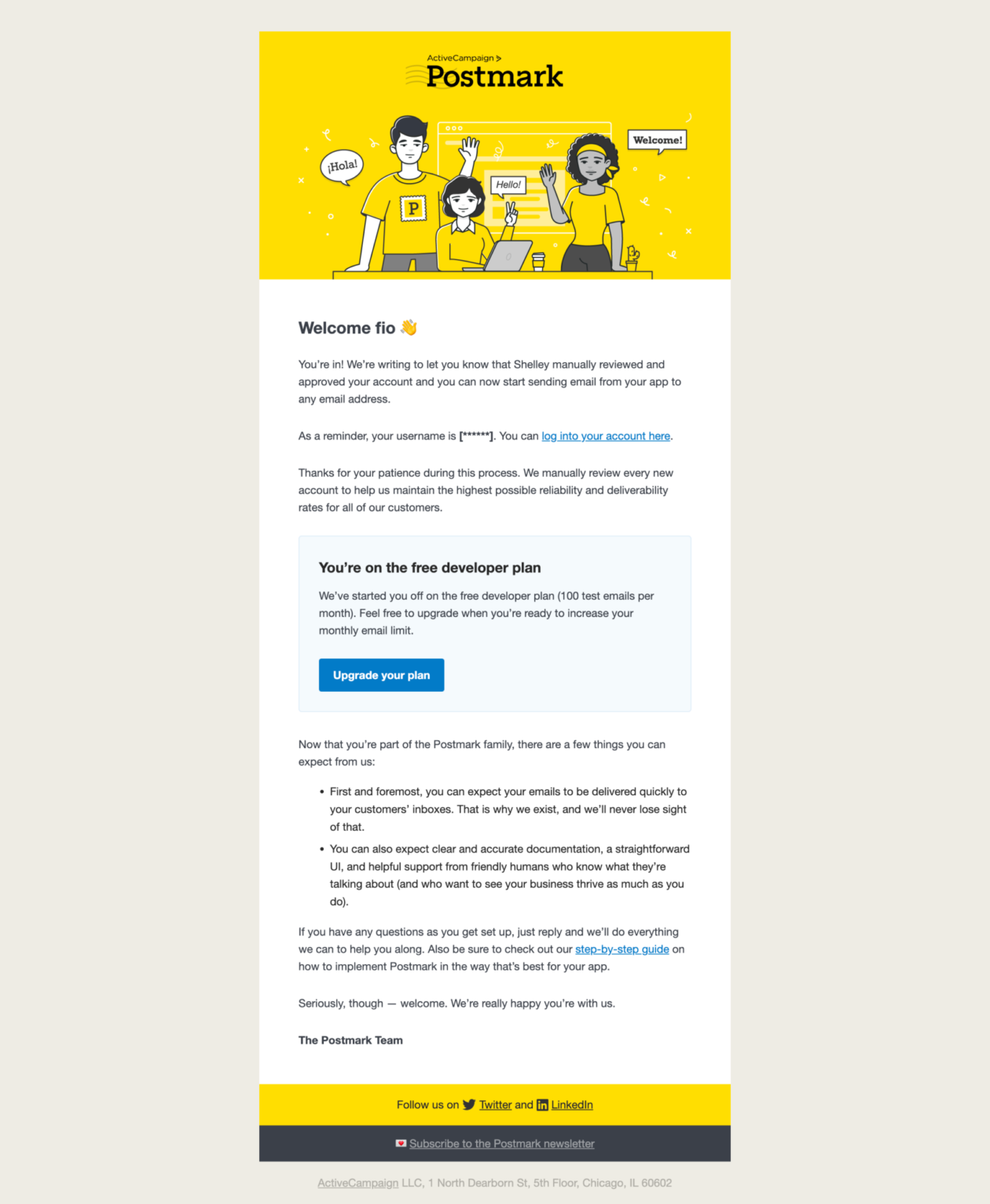 An example of transactional email: a Postmark email welcoming customers to the service