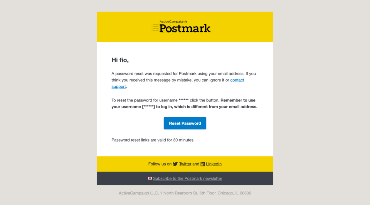 An example of transactional email: a Postmark password reset email