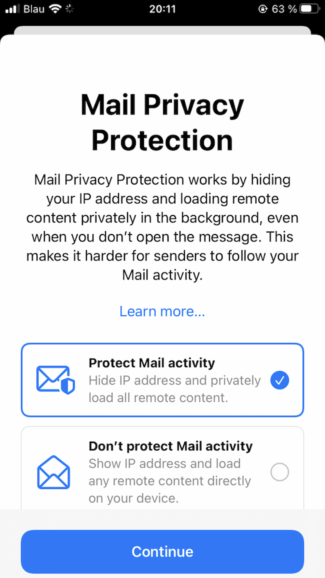 Screenshot of Apple's Mail Privacy Protection pop-up