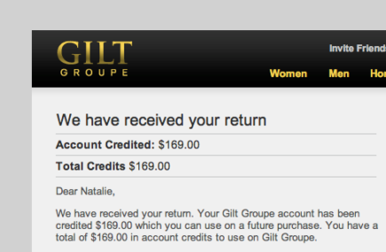 Notification that Gilt had received my return
