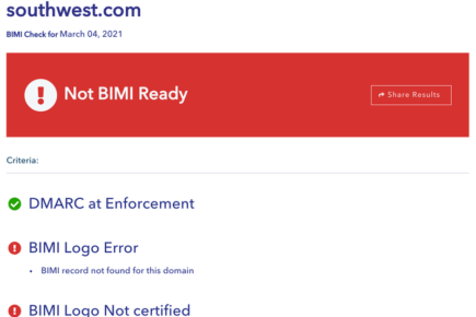 A screenshot of an email from Southwest failing a BIMI lookup