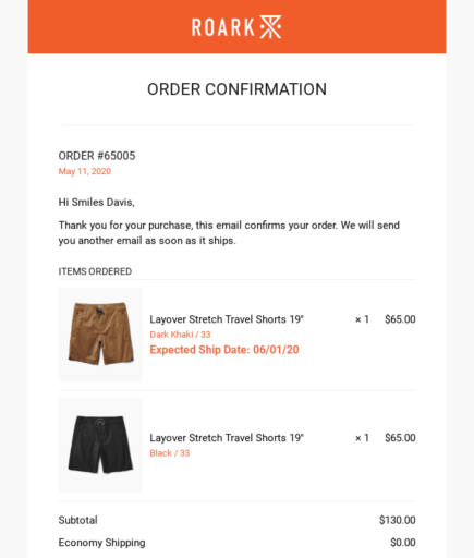 Image or Roark's order confirmation email.