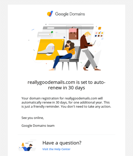 Image of Google Domain's account payment reminder email.