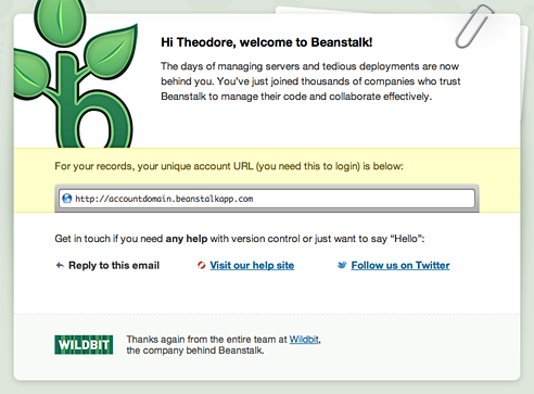 The welcome email for paid Beanstalk accounts sends the customer a quick reference to get started.