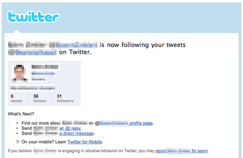 The body of Twitter's new follower notification email.