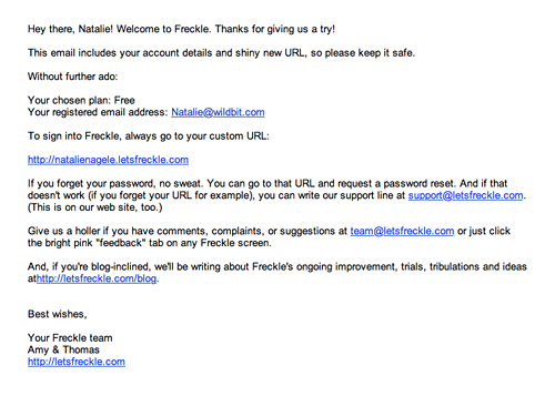 Freckle's welcome email before the redesign