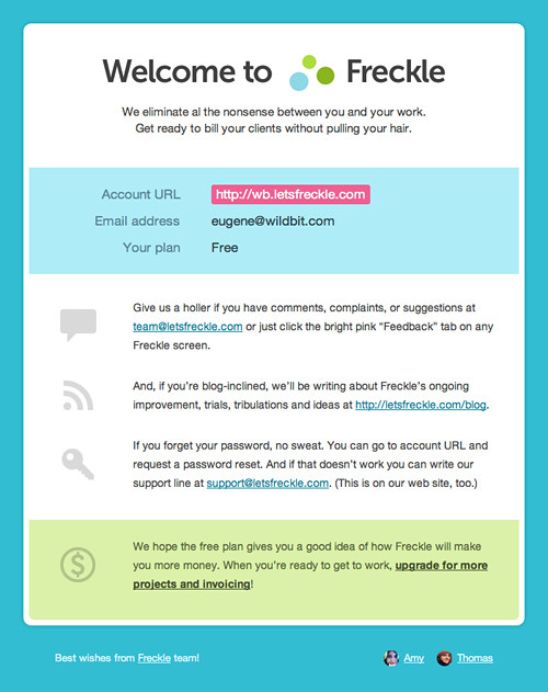 Freckle's welcome email after the redesign.