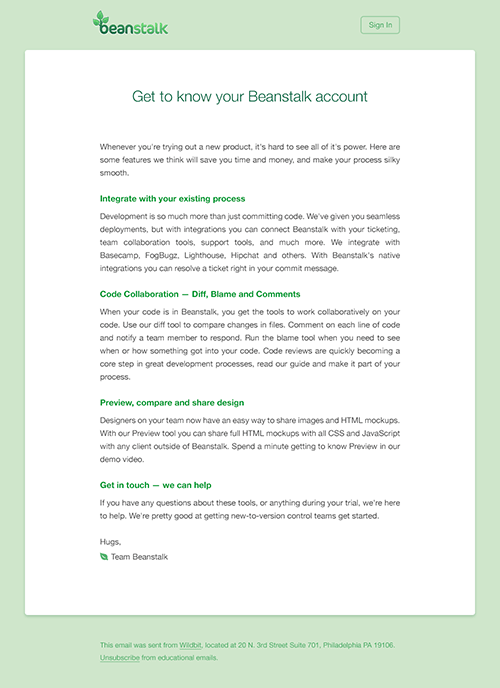 The Beanstalk welcome email before we updated to a modern email design.