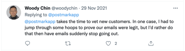 A tweet from a Postmark customer undergoing account verification