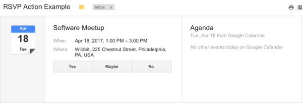 A screenshot of an enhanced RSVP action in the message detail view in Gmail.
