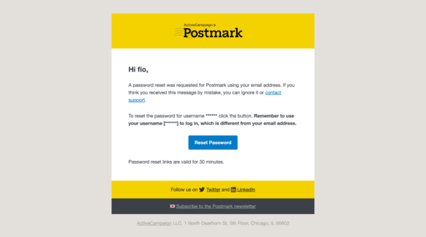 A password reset email sent from Postmark to its customers