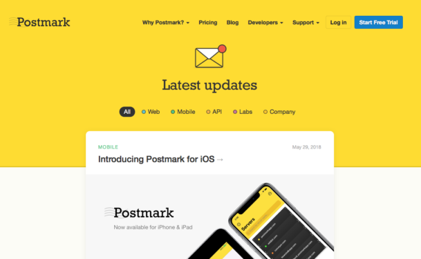 A screenshot of the new Postmark changelog.