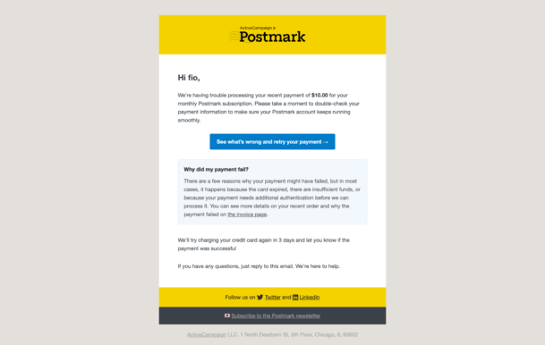 An example of transactional email: a Postmark dunning notification