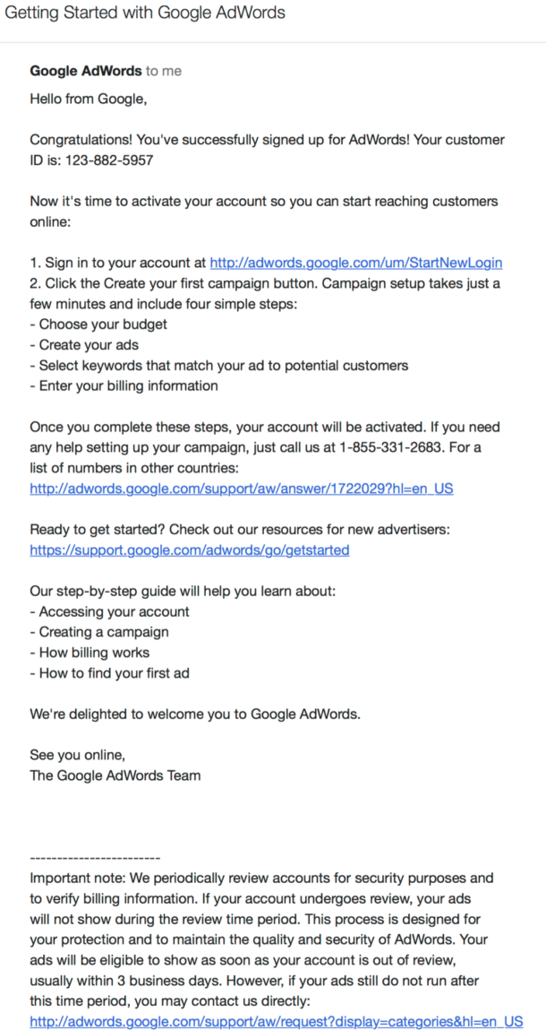 Screenshot of an AdWords welcome email