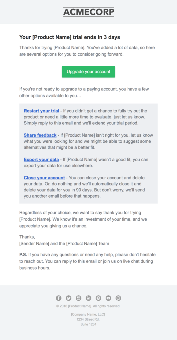 Screenshot of Postmark's trial expiration template.