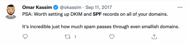 A tweet from an email deliverability expert that alerts about the importance of setting up DKIM and SPF to prevent spam.