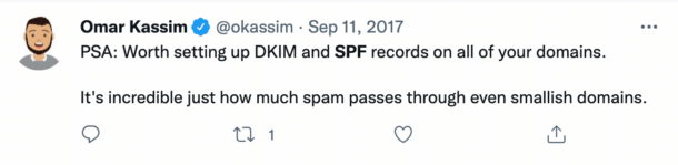 A tweet from an email deliverability expert that alerts about the importance of setting up DKIM and SPF to prevent spam. A tweet from an email deliverability expert that alerts about the importance of setting up DKIM and SPF to prevent spam.