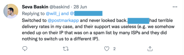 A tweet from a Postmark customer about the use of shared vs dedicated IPs