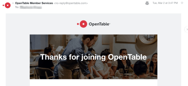 A screenshot of an email from OpenTable.
