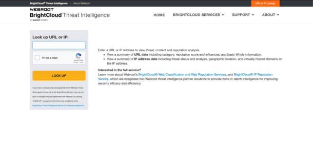 A screenshot of the BrightCloud IP list website
