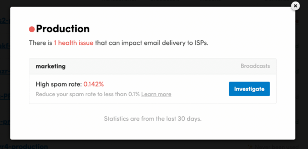 The Postmark UI dashboard showing a health issue (spam rate) that can impact deliverability