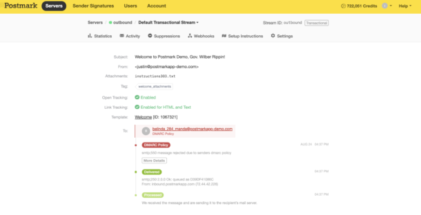 Postmark UI - email deliverability error visualised