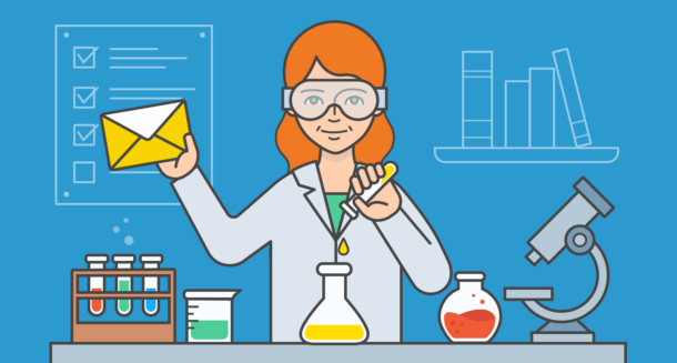 Illustration of a woman testing emails in a lab.