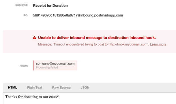 Screenshot of an inbound email that failed and the associated error message.