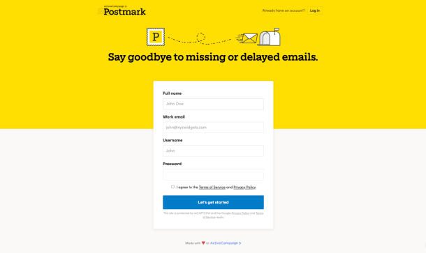 Postmark account creation page.
