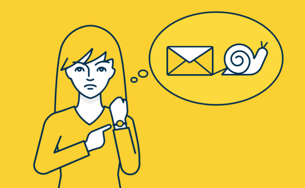 Illustration of a woman pointing at her watch and imagining an email being pulled by a snail.