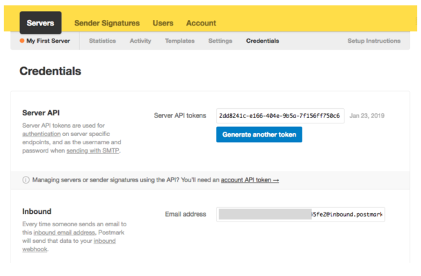 Image of the Credentials page in Postmark