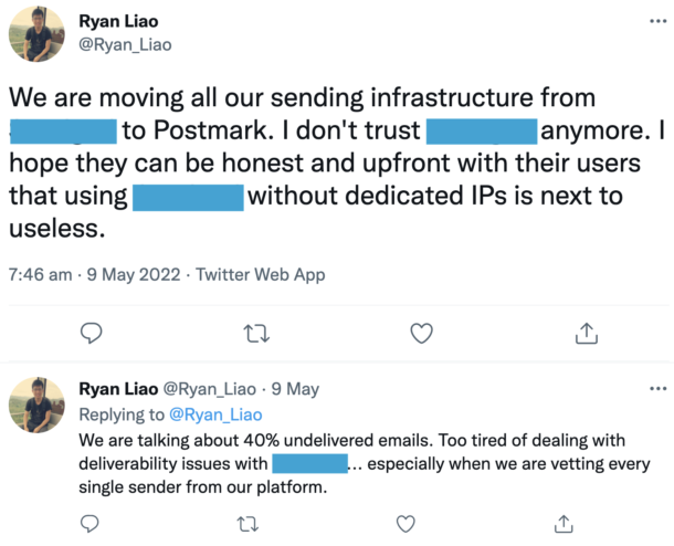 A tweet from a Postmark customer about the use of shared vs dedicated IPs