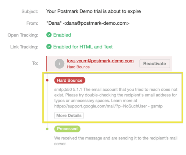 Postmark UI - email deliverability error visualised