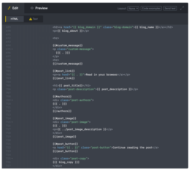 A visualization of variables layered into the Postmark Template HTML