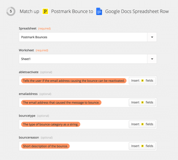 A screenshot of connecting Postmark to Google Docs Spreadsheet.