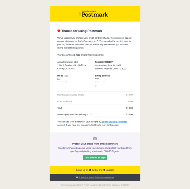 An example of transactional email: a Postmark payment receipt