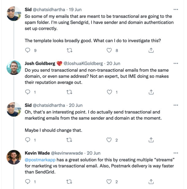 A Twitter thread about the importance of separating transactional and marketing streams