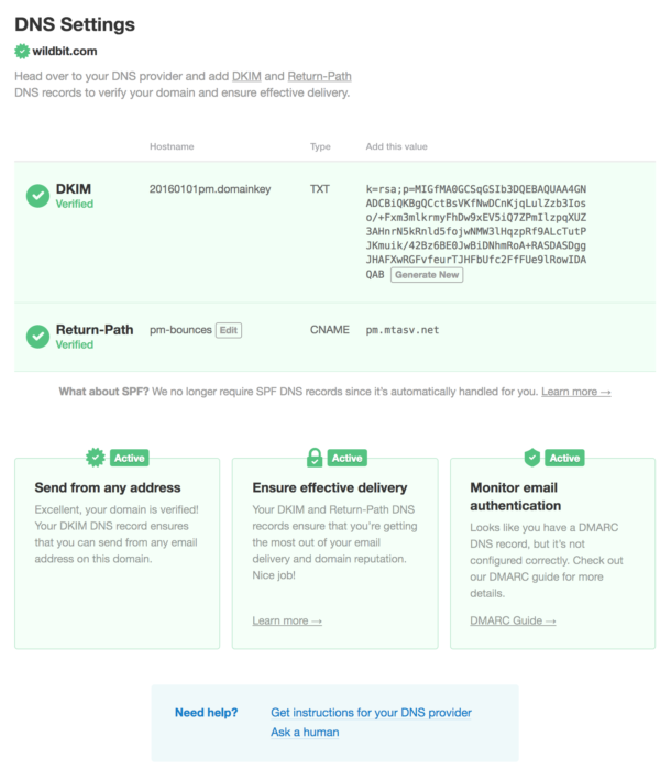 A screenshot of the Postmark DNS settings shows sections for the settings at the top with some validation features at the bottom.