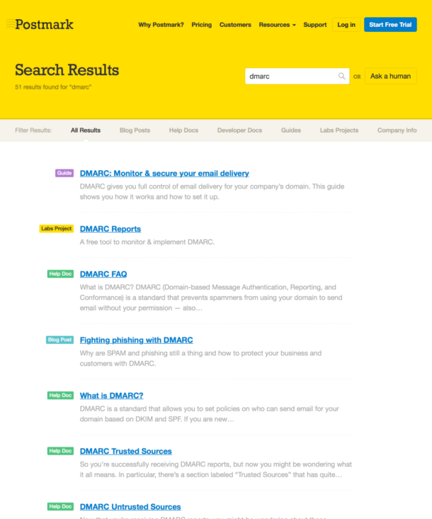 A screenshot of search results for 'dmarc' showing our guide, blog posts, and relevant help docs.
