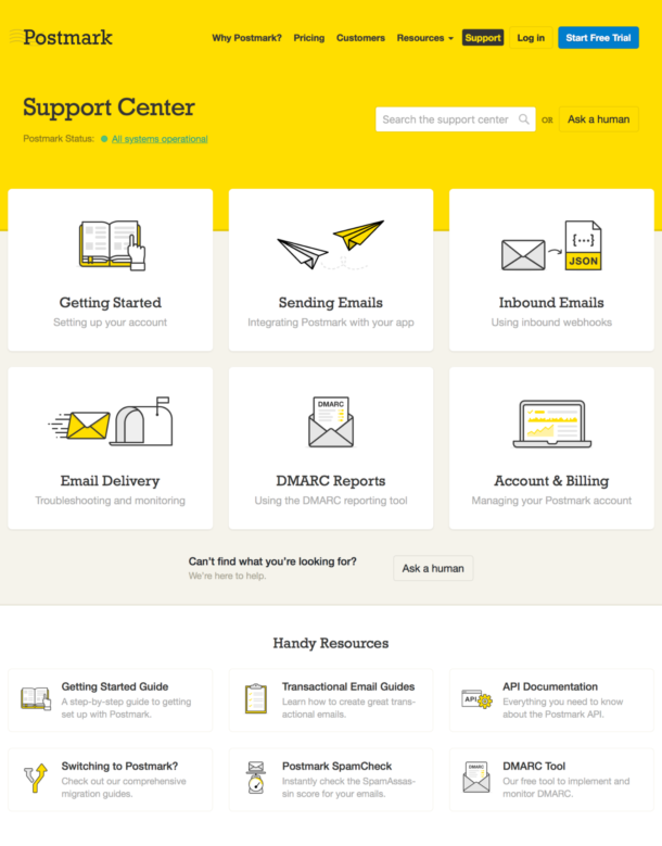 A screenshot of the new help center home page organized by topic and offering search and multiple contact methods.