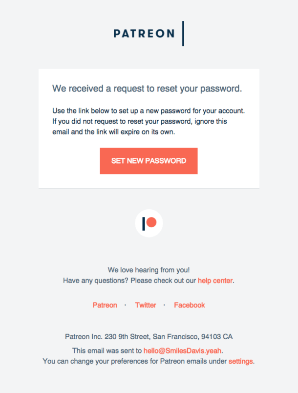 A screenshot of Patreon's password reset email.