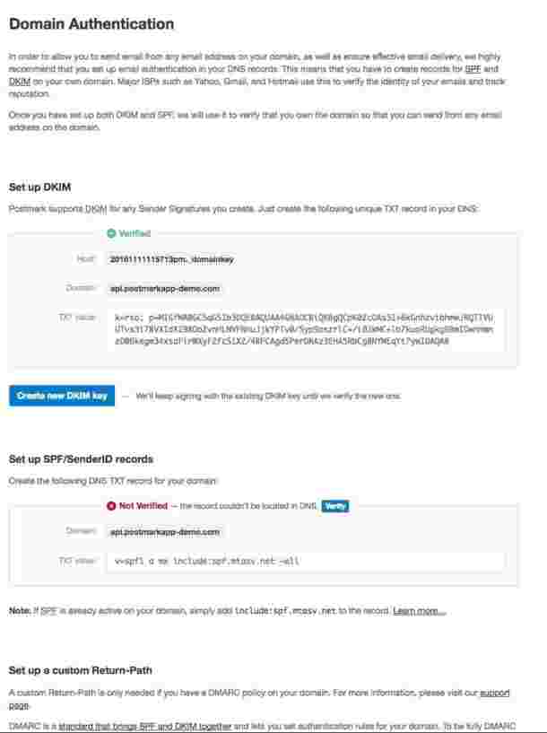 A screenshot of the Postmark DNS settings show sections for DKIM, SPF, and Return-Path