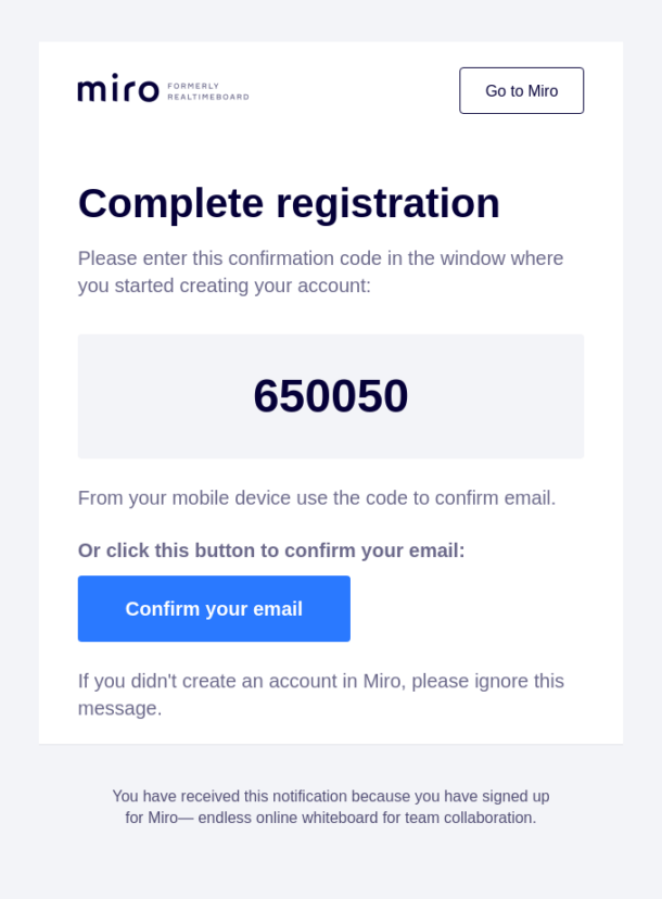 Image of an Miro's authentication email.