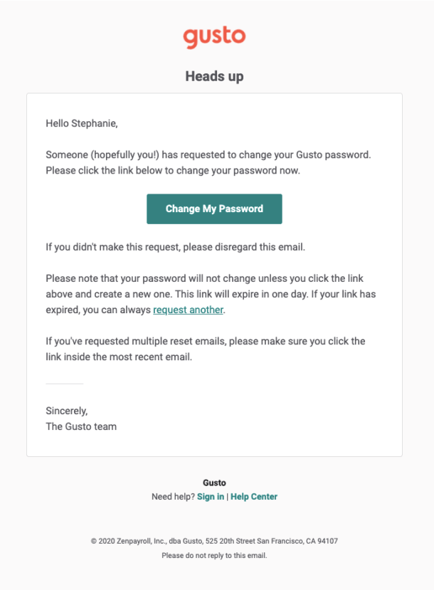 A screenshot of Gusto's password reset email.