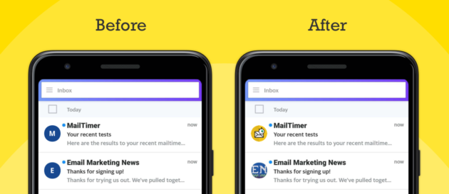 Screenshots of how an email looks Before and After using BIMI