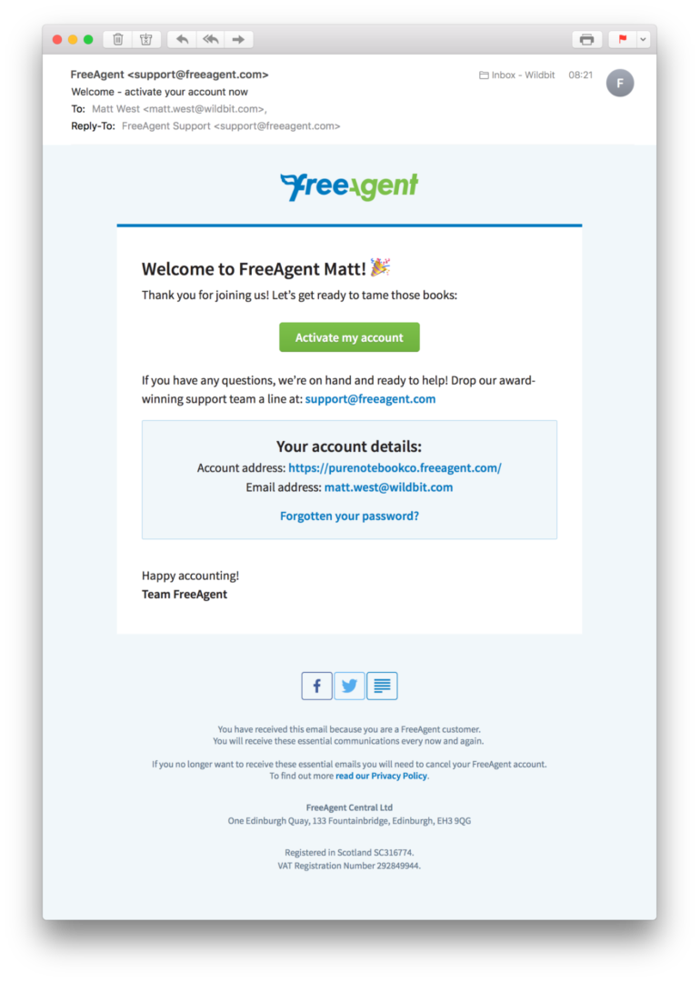 FreeAgent Activation Email