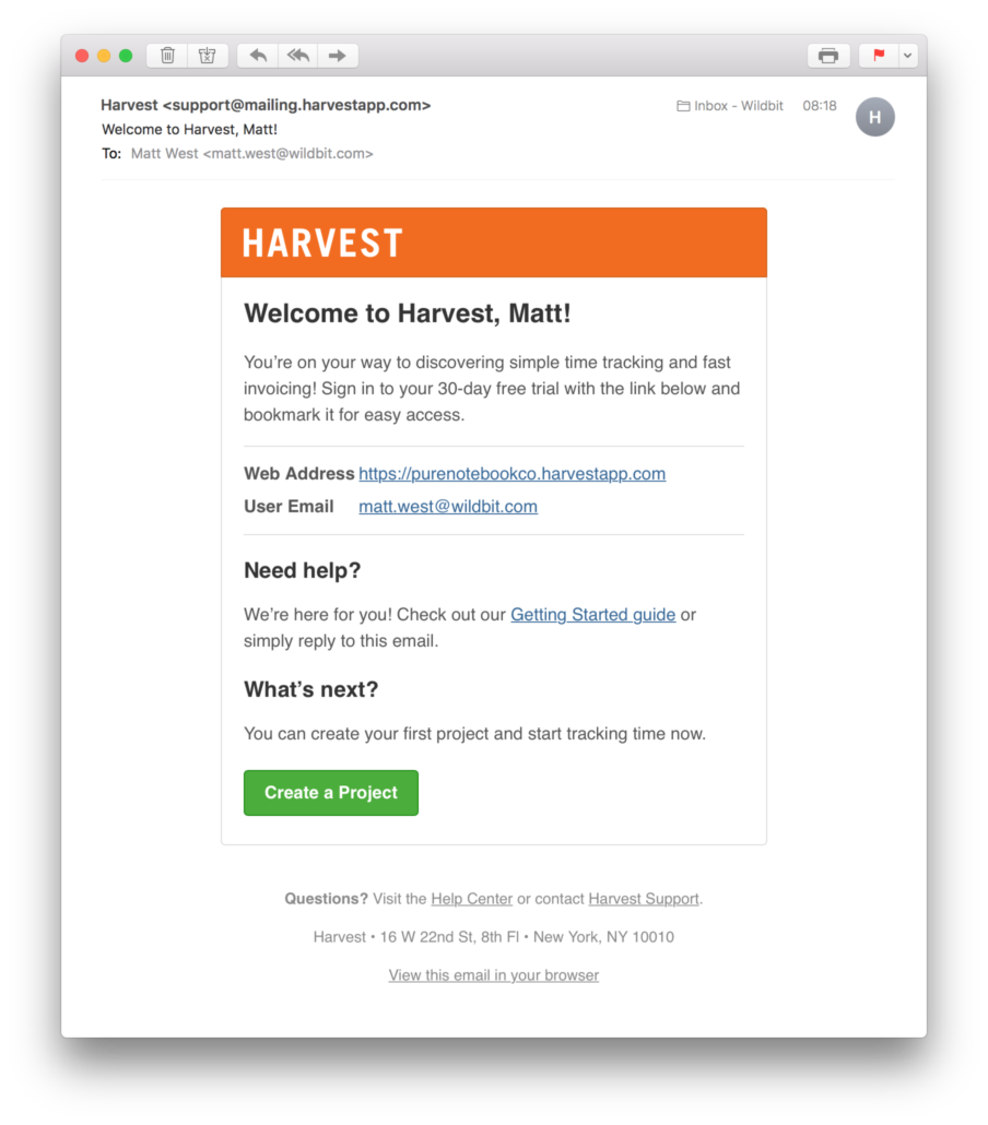 Harvest Welcome Email