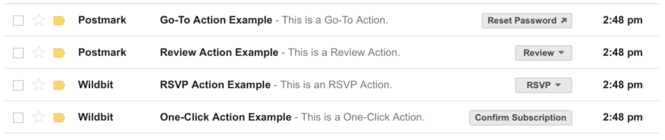 A screenshot of several examples of emails with different Gmail Inbox Action buttons.